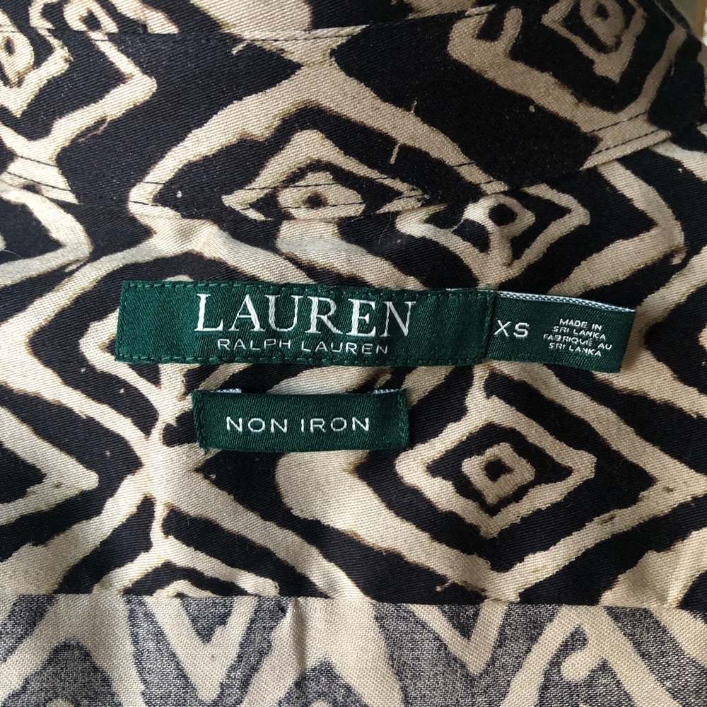 Lauren Ralph Lauren Black Tan Geometric Print Button-Up Shirt Blouse NWT Size XS - Picture 7 of 8